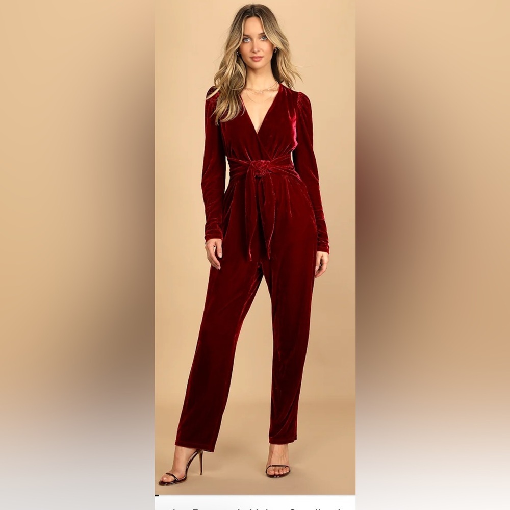 Lulus Feeling‎ Festive Burgundy Velvet Surplice Long Sleeve Jumpsuit Holiday S